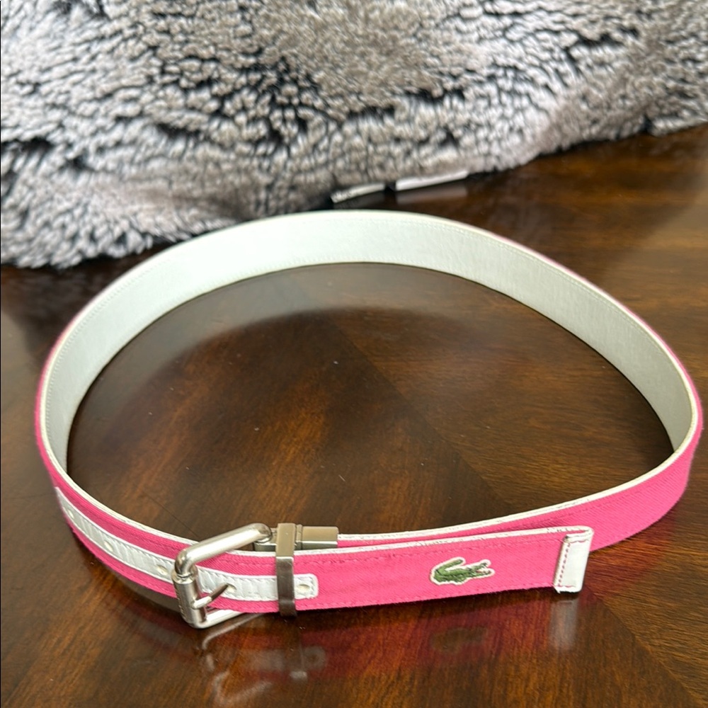 Lacoste Pink and White Belt with Silver Buckle size S canvas/leather